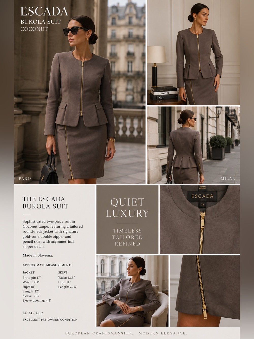 Escada Luxury Cotton Skirt Suit FR34 Neutral Beige Two Piece Set